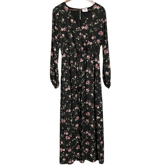 Buddy Love Women's NWOT Black Floral Long Sleeve Vneck Maxi Skirt Romper Medium - Picture 1 of 9